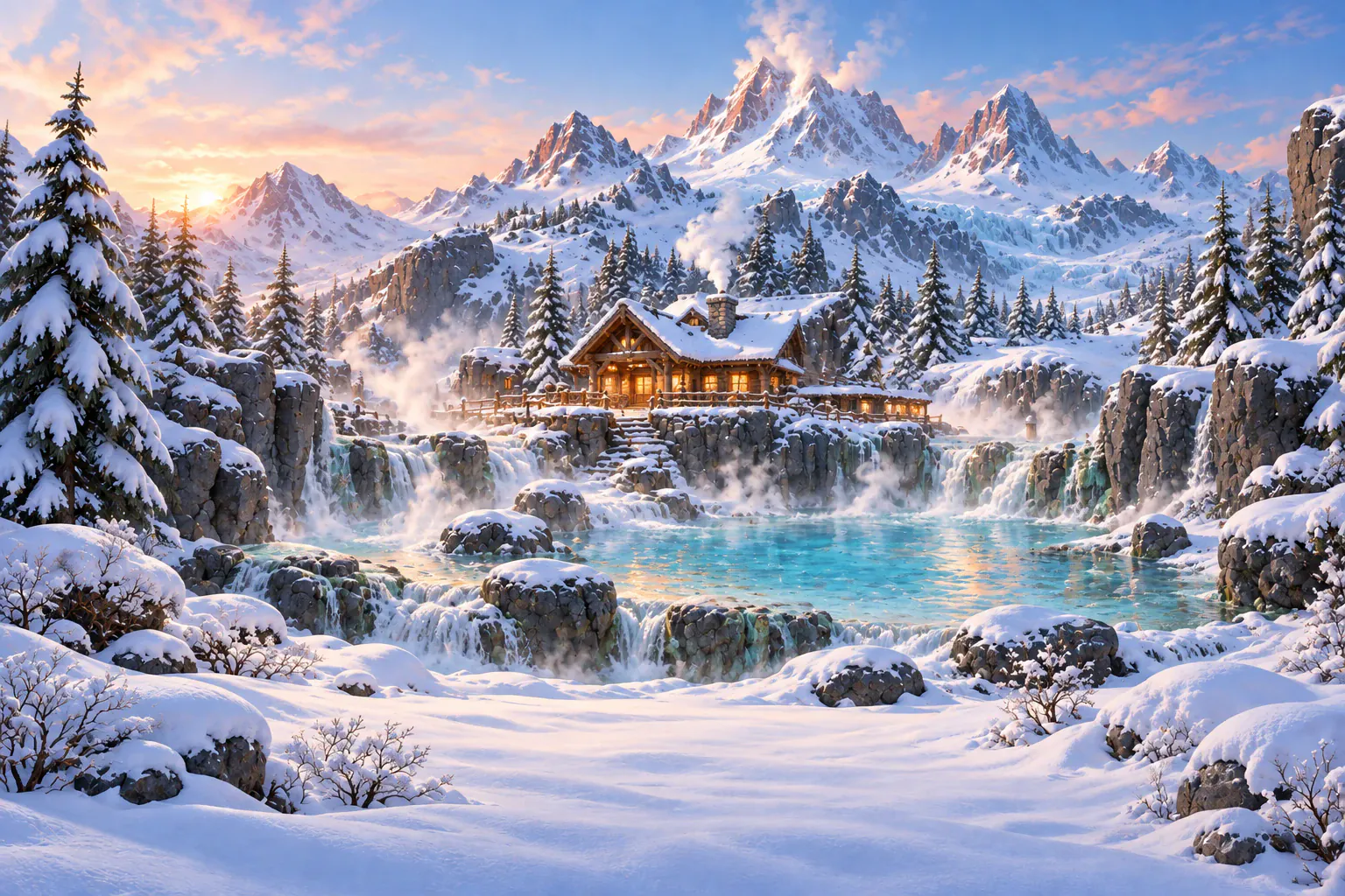 Steam rising from warm springs surrounded by snow and dark volcanic rock.