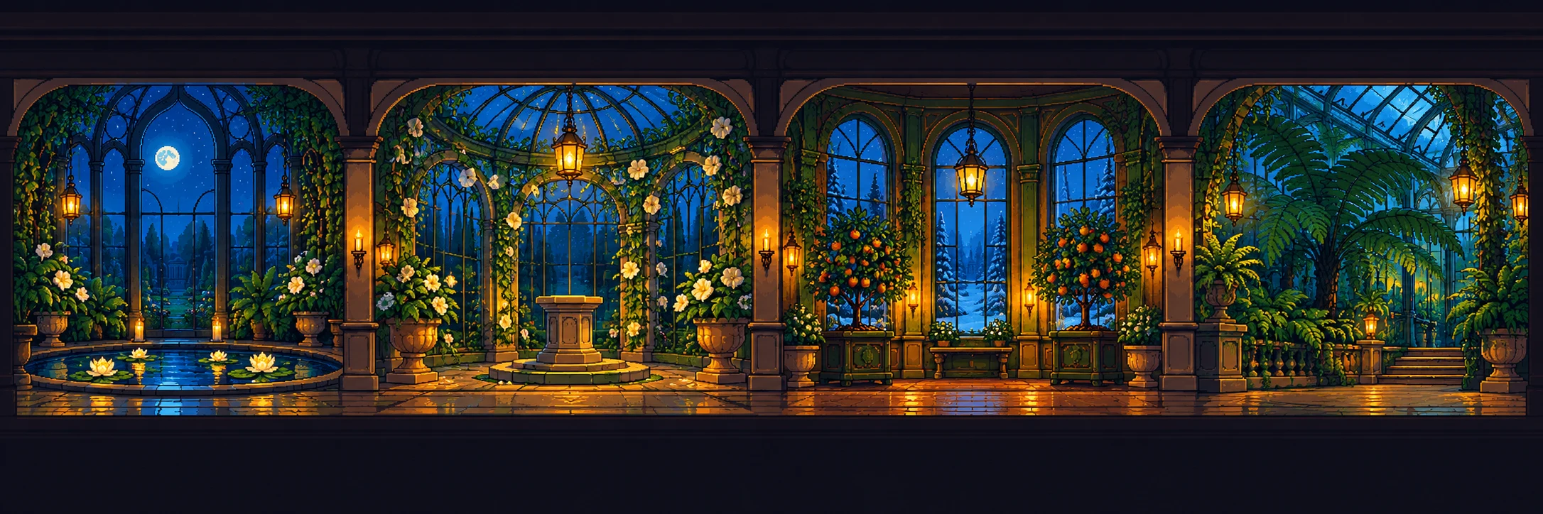 The Glass Wing's moonlit rooms, filled with ferns, orange trees, a flower pedestal and a lily pond.