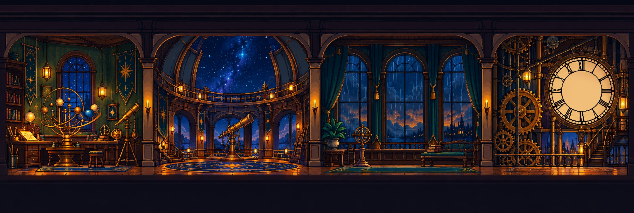 The upper floor with astronomical instruments, a starry observatory, storm-facing windows and a giant clock.