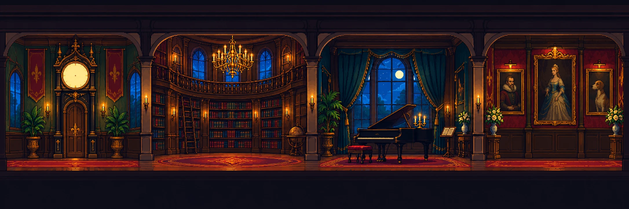 The West Wing's four candlelit rooms: a great clock, a round library, a grand piano and a portrait gallery.