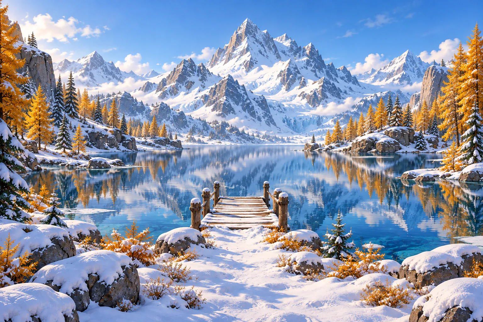 Autumn trees and a sunlit mountain reflected in Mirror Lake.