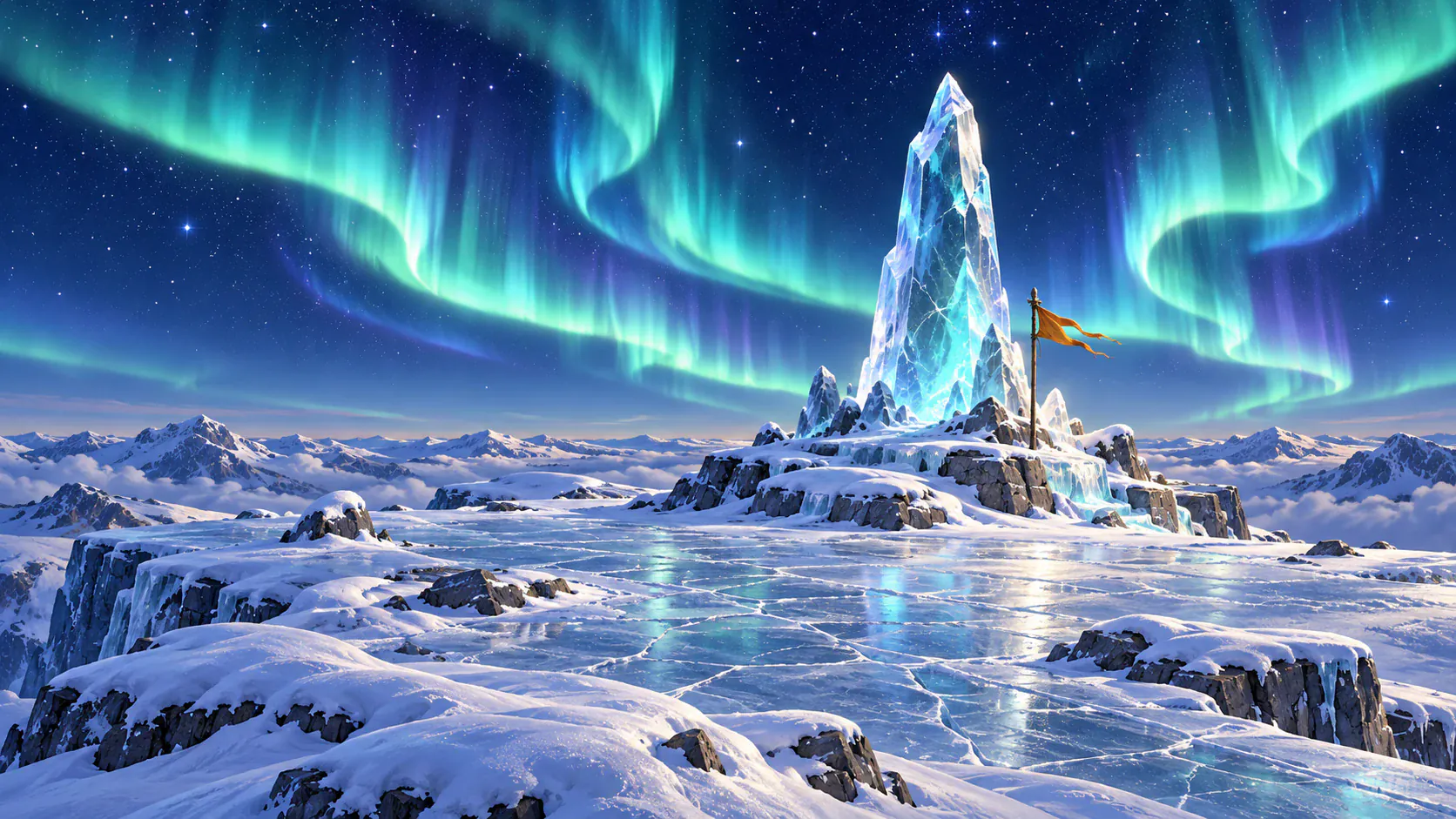 Curtains of aurora spreading above a frozen mountain plateau.