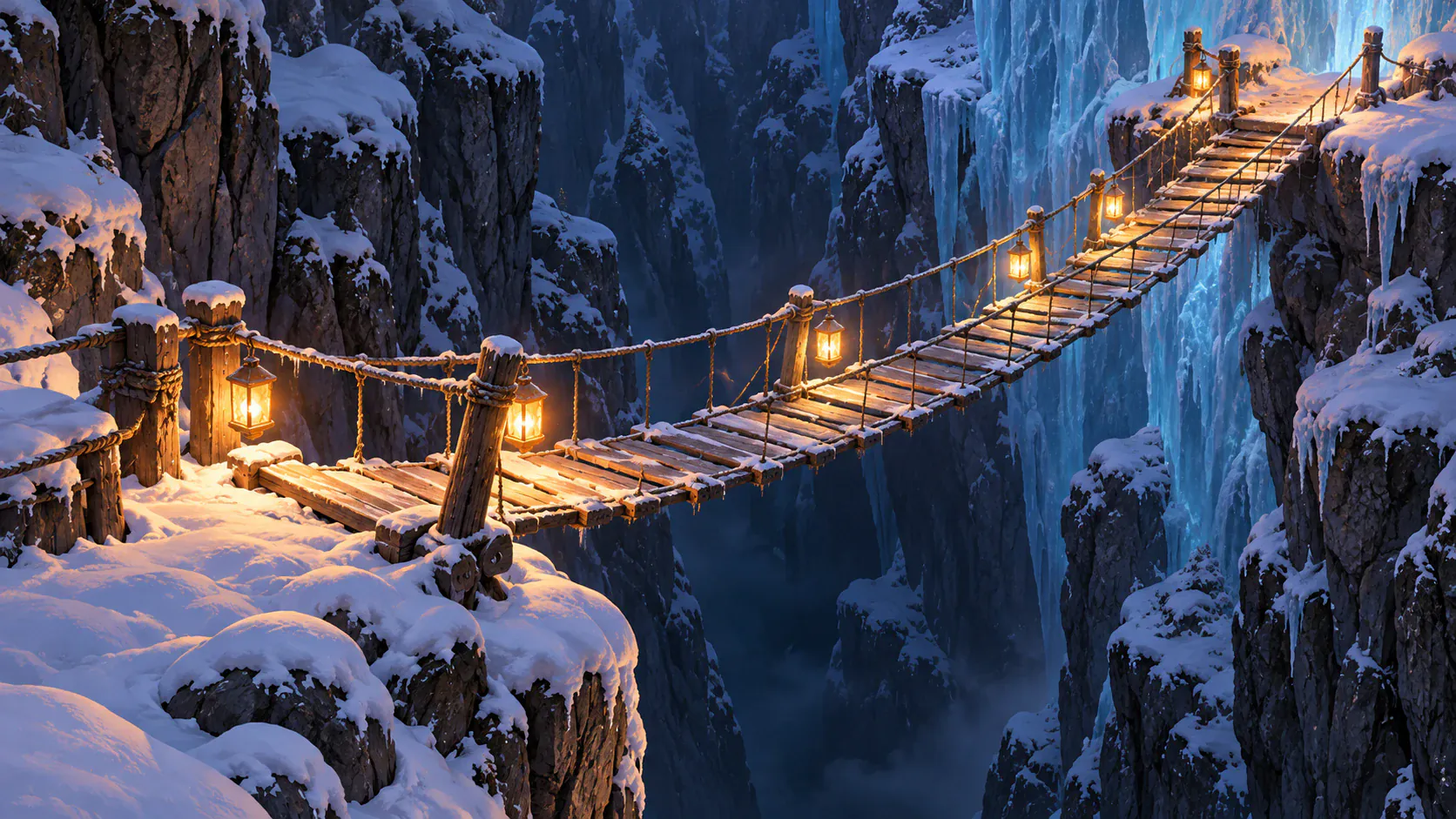 A lantern-lit bridge crossing a snowy mountain ravine.