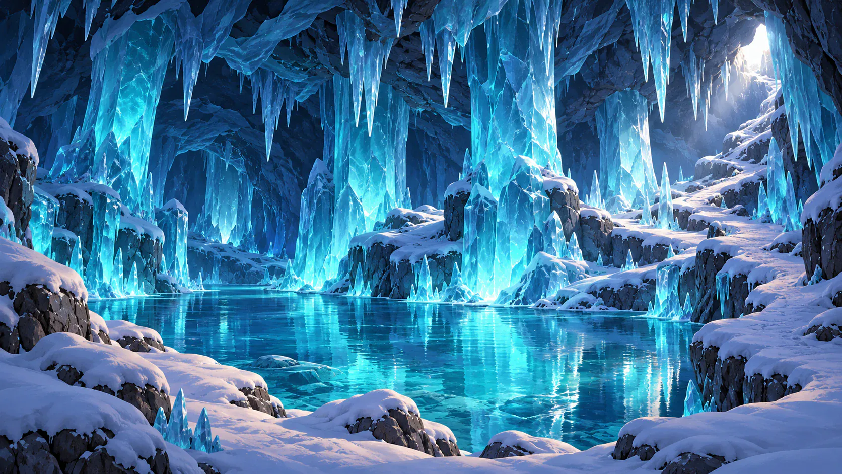 A blue ice grotto with crystalline walls and light beyond the passage.