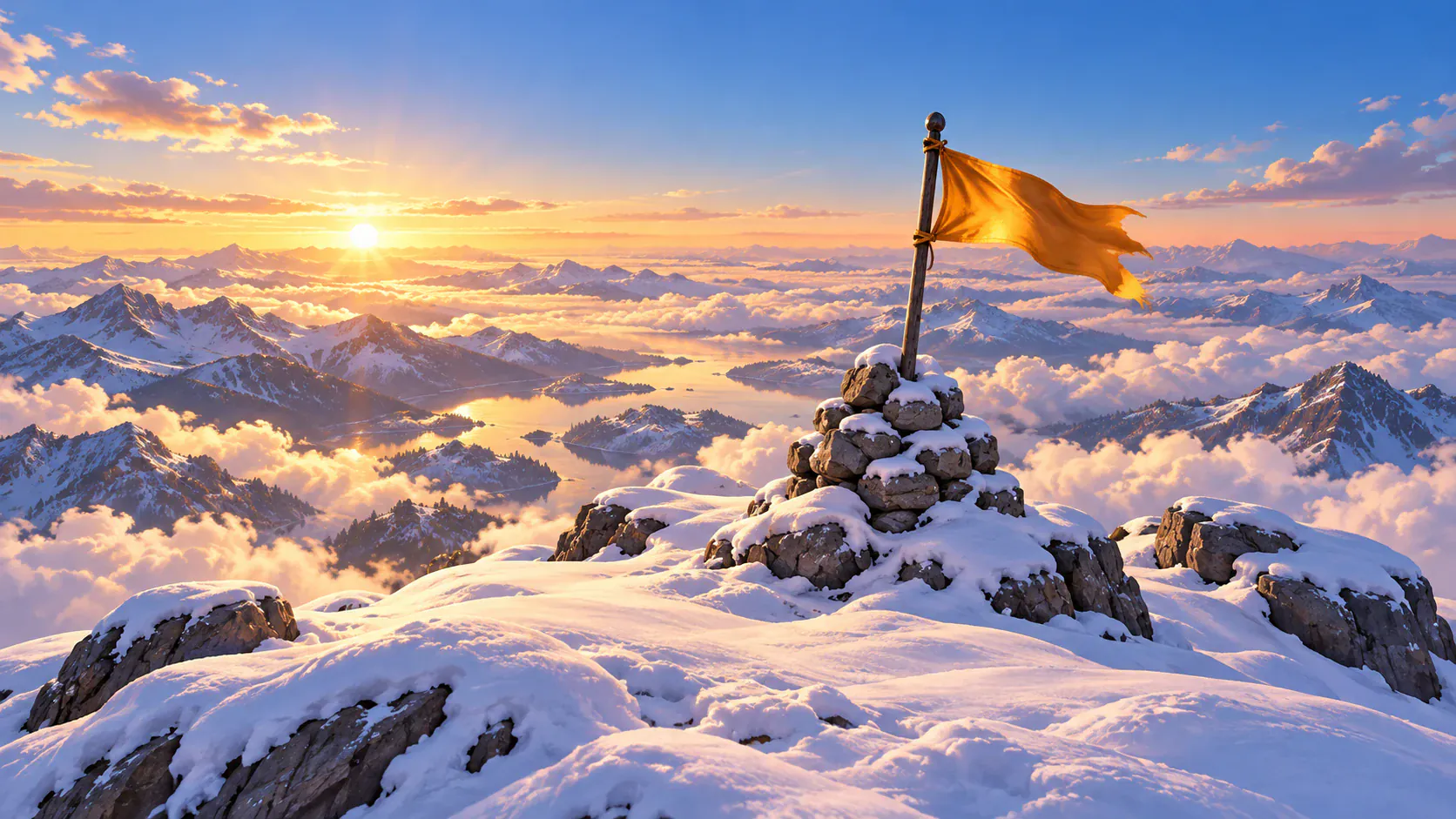The final snowy ridge high above the surrounding peaks and clouds.