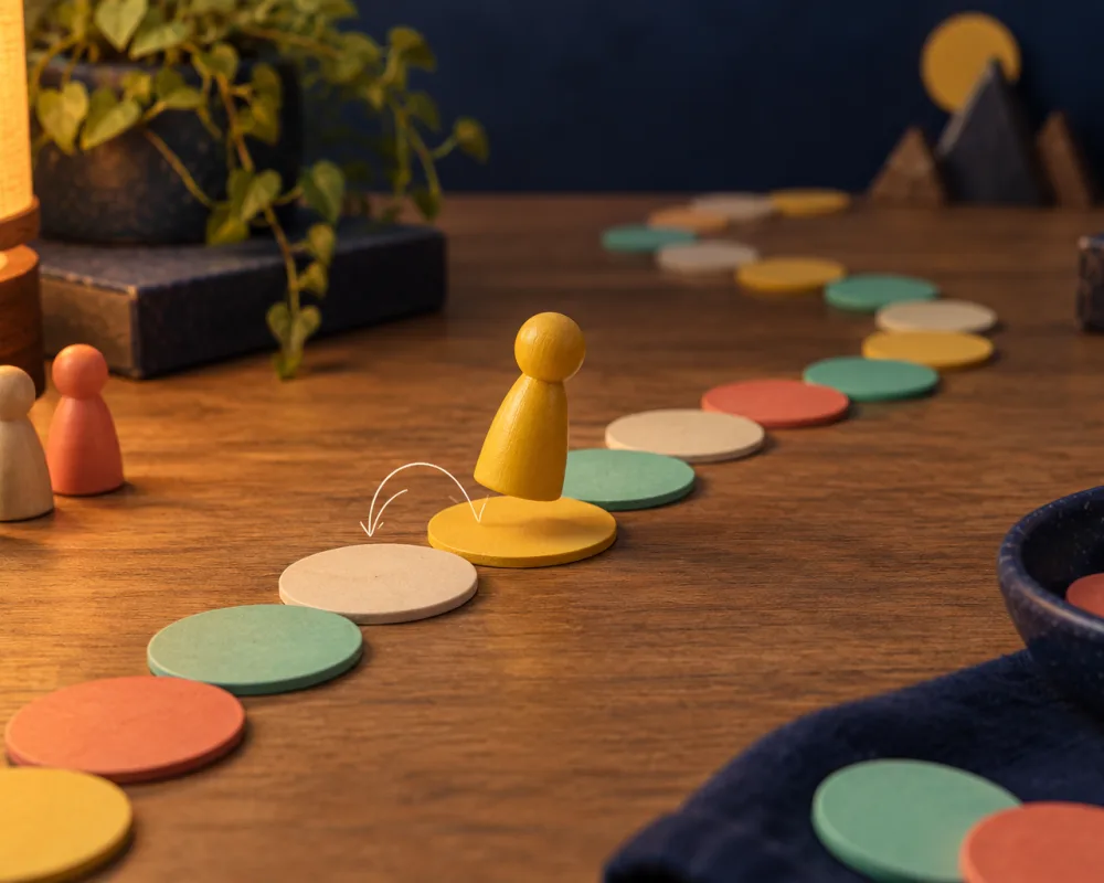 A winding path of round paper tiles across a wooden table, a raspberry figurine hopping from one to the next.