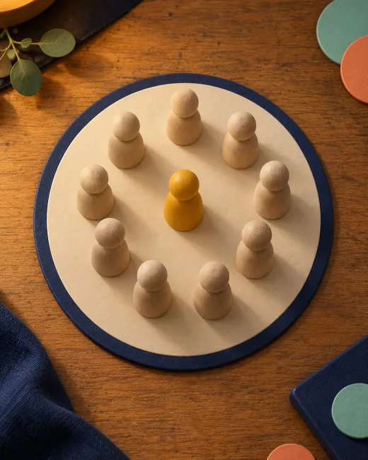 A round tile packed with wooden figurines seen from above, one raspberry figurine at its centre.