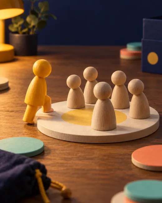 A raspberry figurine steps onto the biggest tile as the wooden figurines on it turn to look.