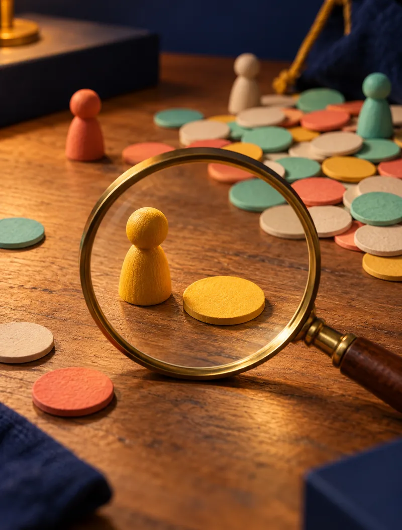 A brass magnifying glass on a wooden table frames a yellow figurine beside one yellow tile, set apart from a heap of pastel tiles behind them.
