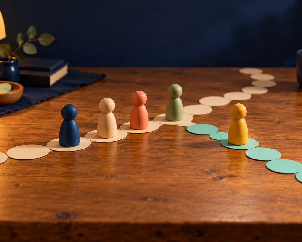 A line of figurines walking along a winding path of cream paper tiles, while a yellow figurine has stepped off onto a side trail of mint green tiles.
