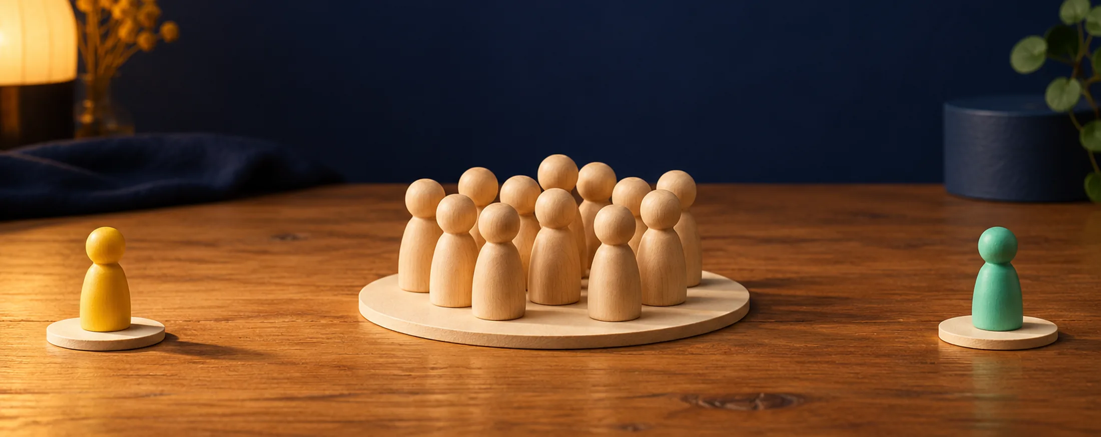 A crowd of plain wooden figurines on a large tile in the middle of a table, with a yellow figurine alone on a small tile at the far left and a mint green figurine alone at the far right.