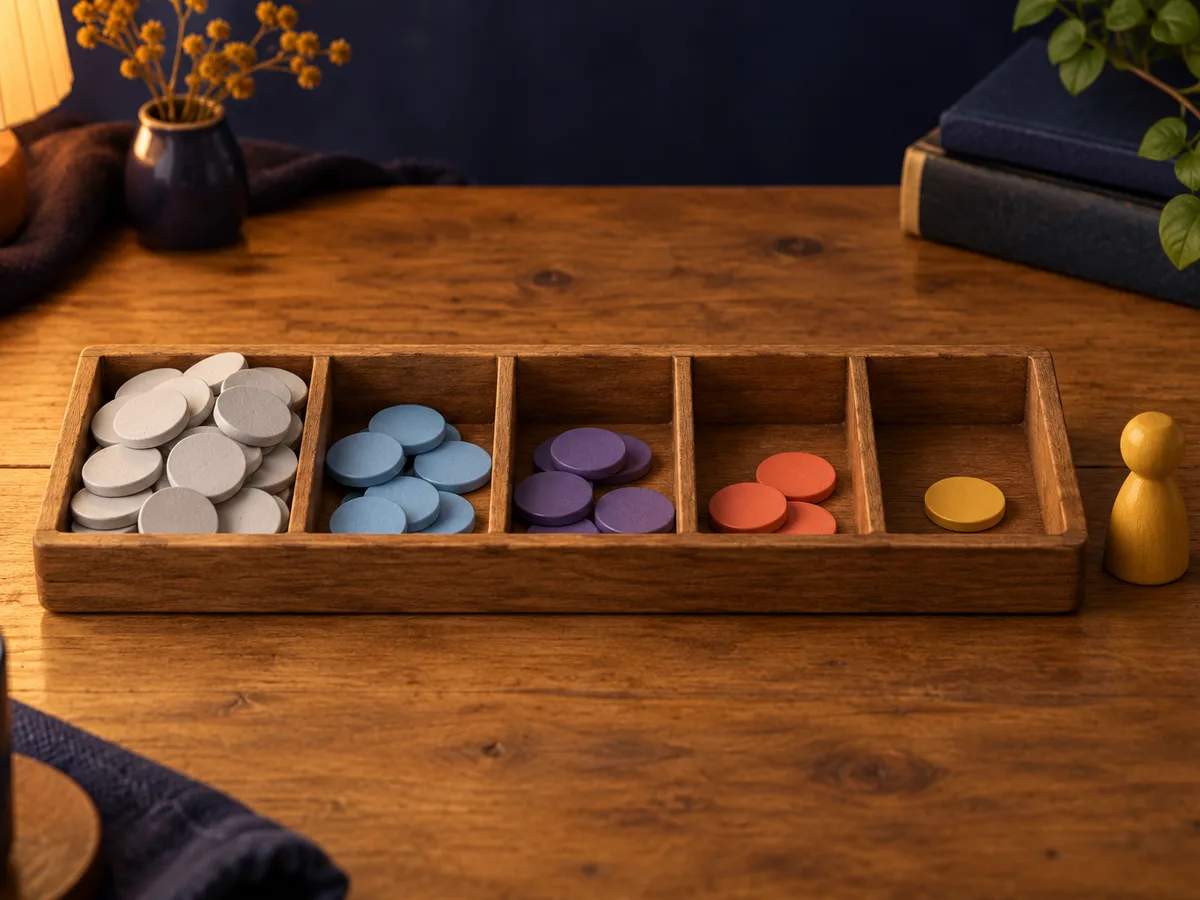 A wooden tray with five compartments: a heap of grey tokens, fewer blue ones, fewer violet ones, three coral ones and a single yellow token, with a yellow figurine standing beside it.