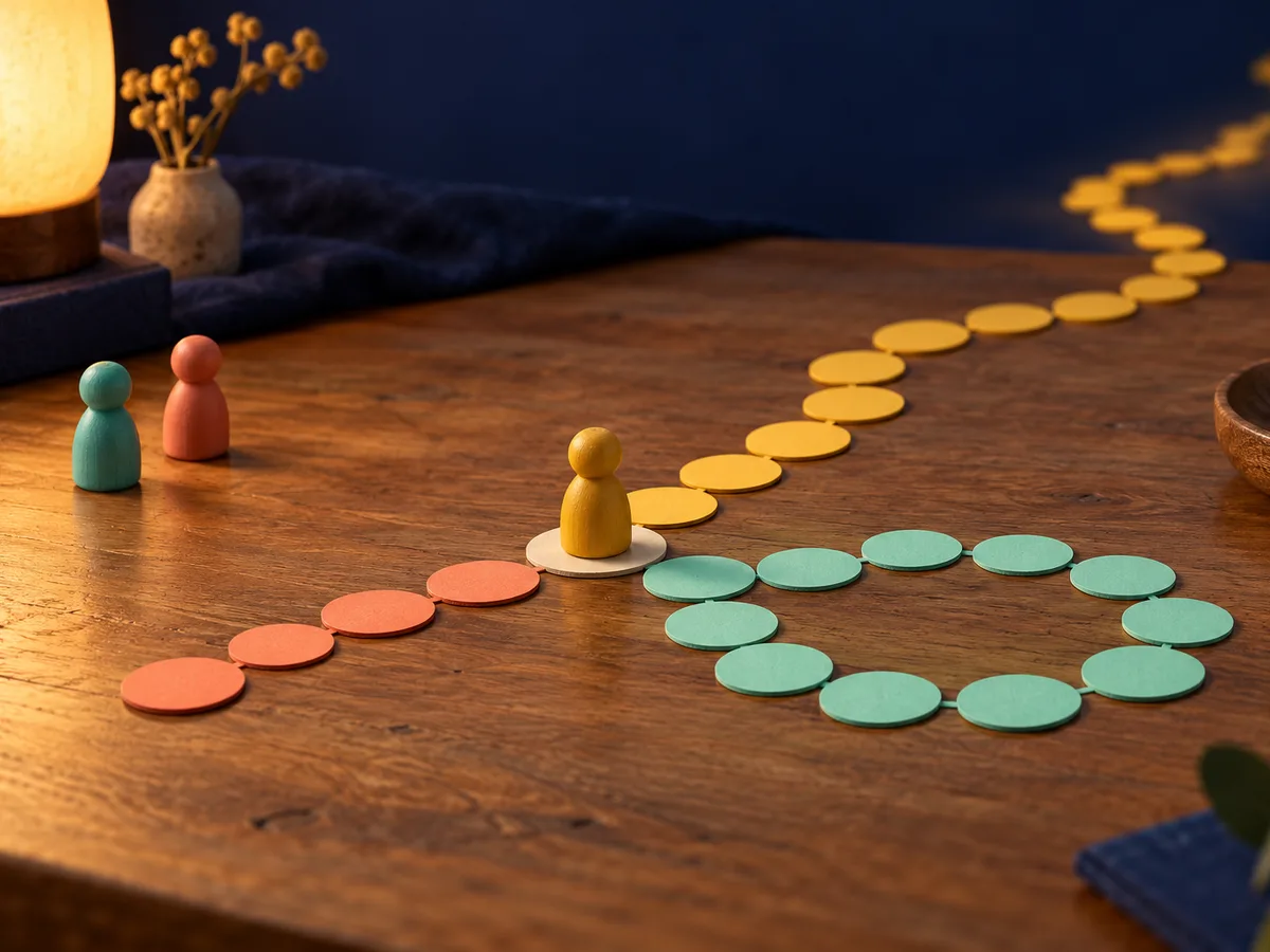 A yellow figurine on a starting tile where three paths of tiles begin: a short coral path that stops, a mint path that loops back around, and a yellow path that winds off into the distance.