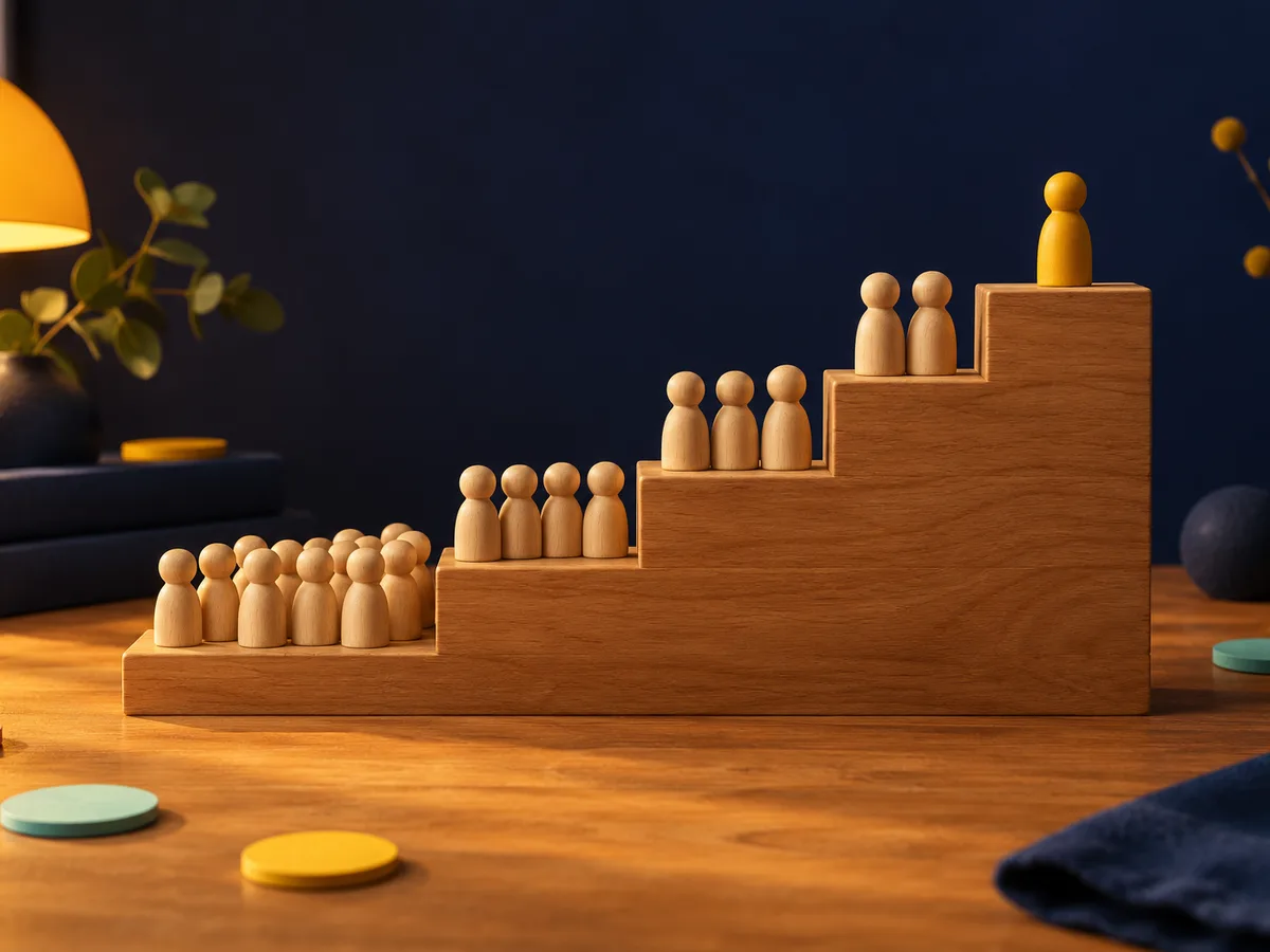 A five-step wooden staircase: a crowd of plain wooden figurines on the bottom step, four, three and two on the steps above, and one yellow figurine alone on the top step.