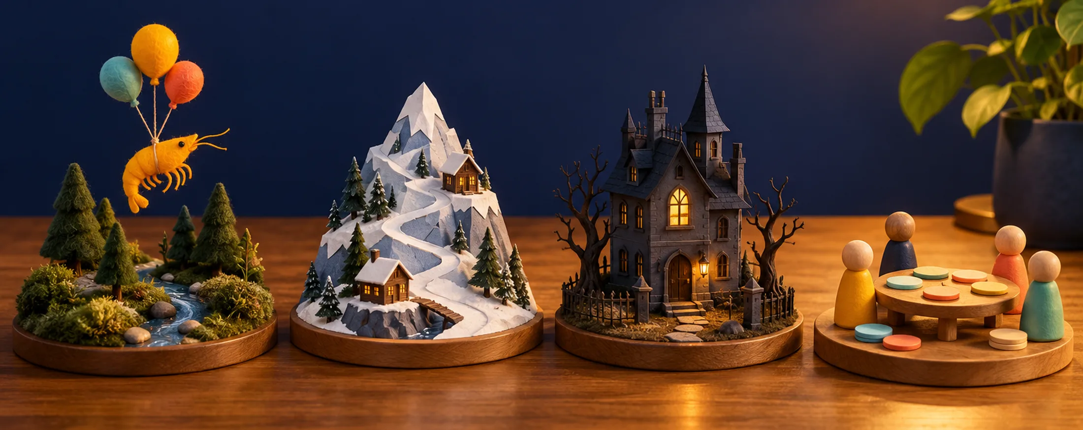 Four small handmade dioramas in a row on a wooden table: a felt krill floating on balloons above a forest, a snowy mountain with a winding trail and cabins, a dark manor house with a glowing window and a lantern, and a little table with painted figurines and round tiles.