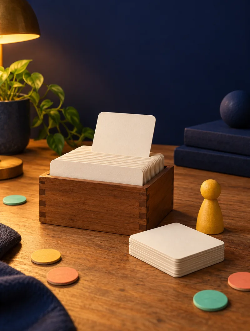 A wooden index-card box full of blank cards, one new card standing taller than the rest, with a small stack of blank cards and a yellow figurine beside it.