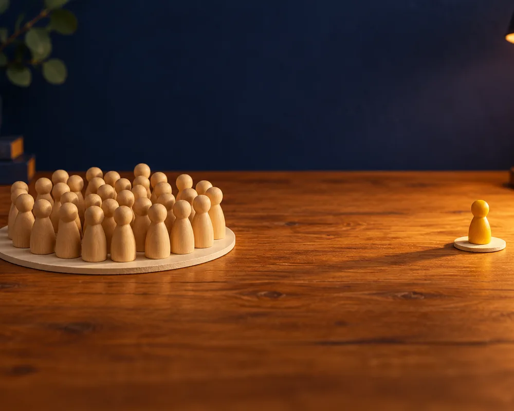 About thirty plain wooden figurines crowded onto one large cream tile on a wooden table, while a single yellow figurine stands alone on a small tile far across the table in the lamplight.
