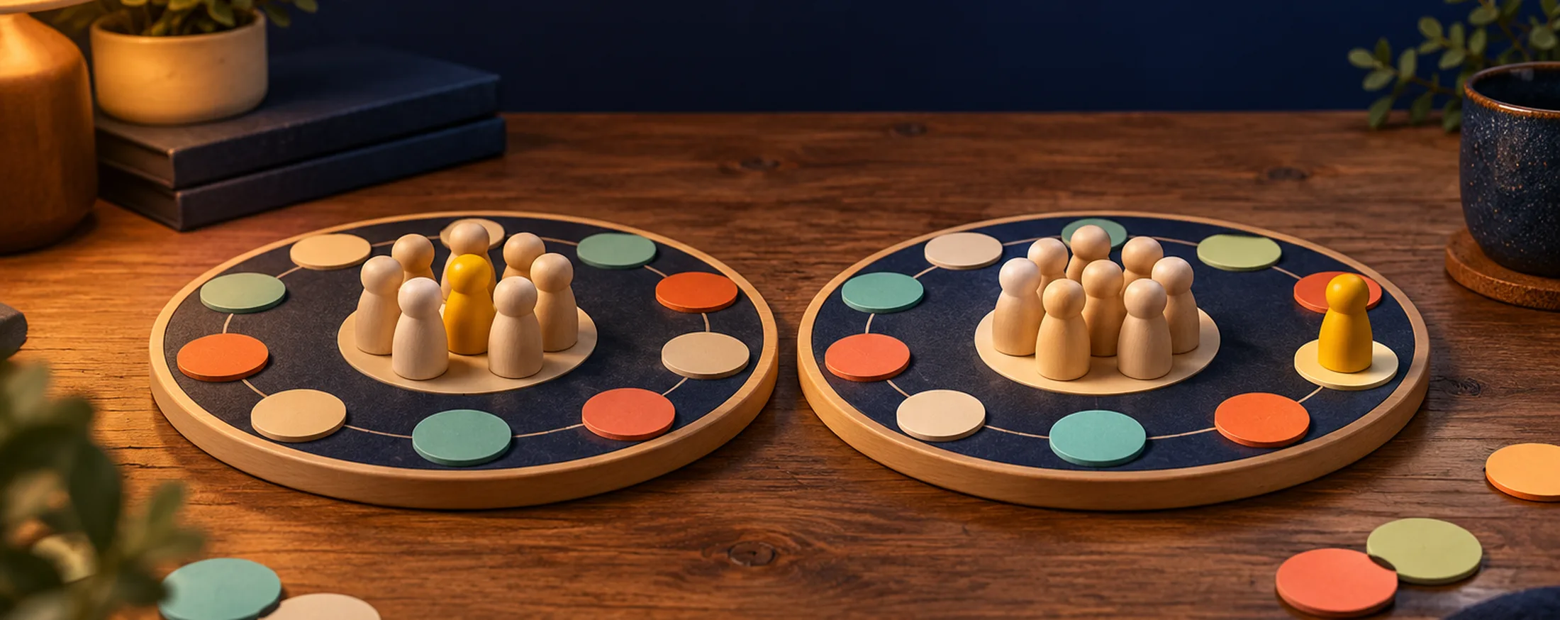 Two matching round game boards side by side. On the left, a yellow figurine stands inside a crowd of plain figurines on the centre tile; on the right, the crowd stays in the centre while the yellow figurine stands alone on a tile at the board's edge.