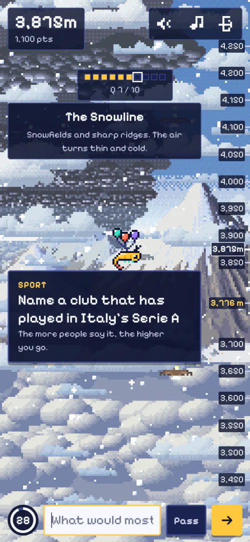 A prompt on the question card at the Snowline, a sharp white peak and snowfields behind the krill and the height ruler down the right side.
