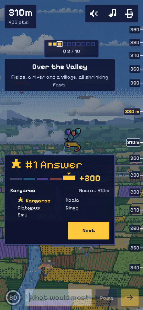 The result panel over fields, a river and a village: #1 Answer in large letters over a bar in its colour, 200 points and the board's top five.