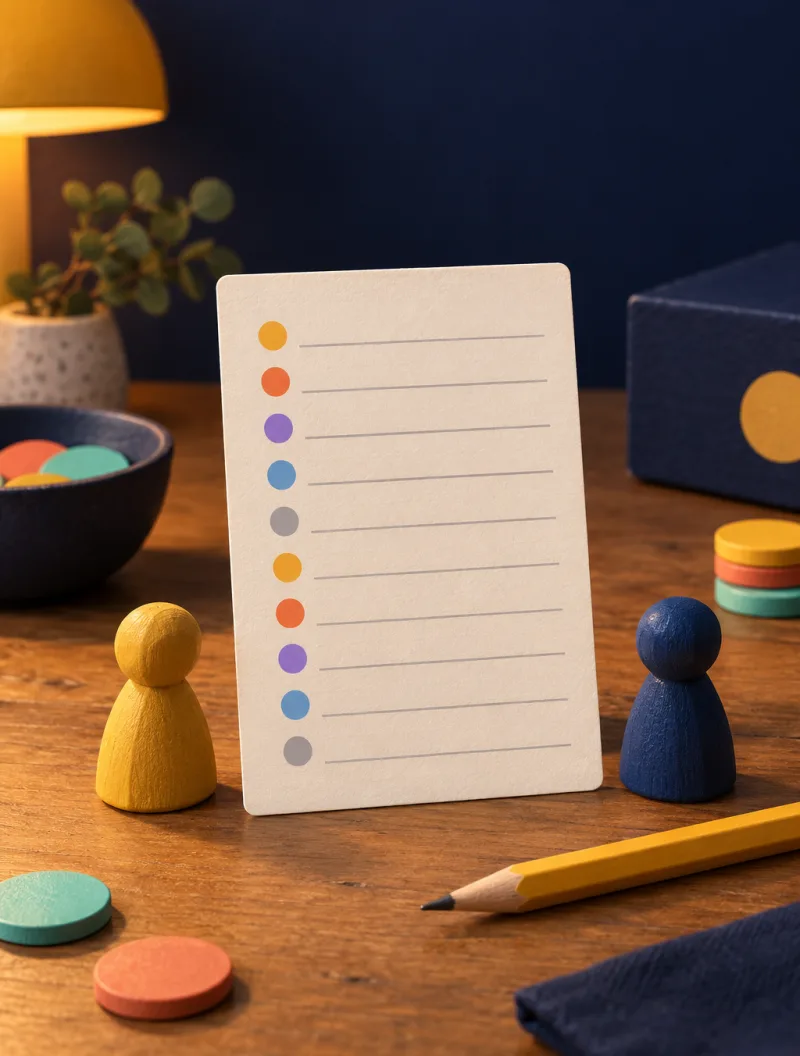 A handmade paper scorecard with ten blank lines, each starting with a coloured dot, beside a pencil and two wooden figurines.