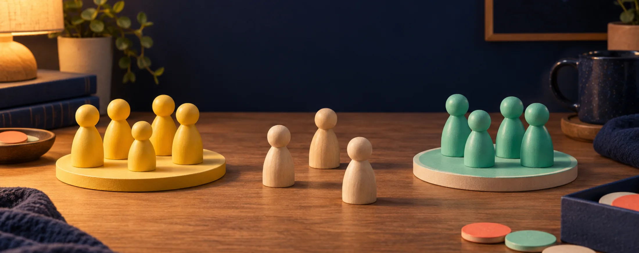 Two teams of wooden figurines, raspberry and blue, gather on two large tiles facing each other, while a few plain ones in between decide which side to join.