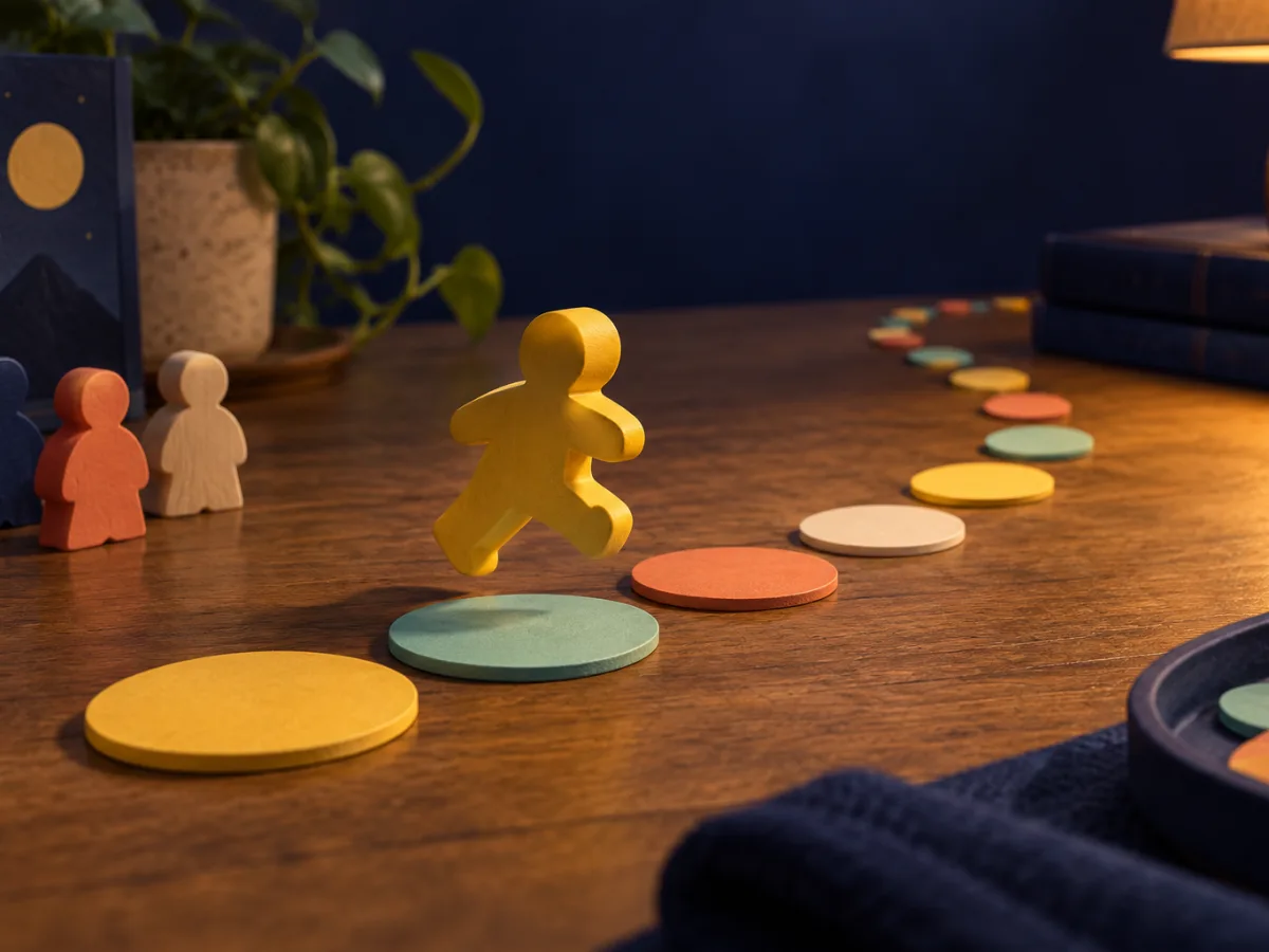 A raspberry figurine hops along a line of round tiles that curves away across a wooden table.