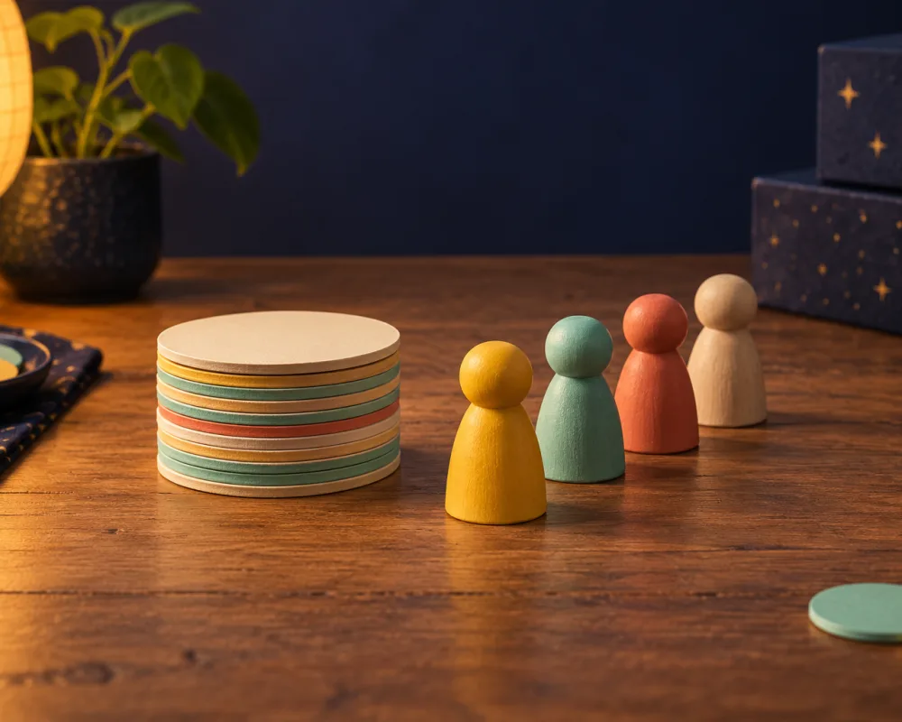 A fresh stack of round paper tiles and a row of wooden figurines lined up to start again, a raspberry one in front.